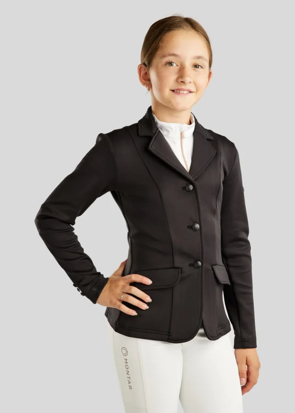 JUNIOR COMPETITION JACKET WITH BOW BELT AND TONE IN TONE CRYSTALS BLACK